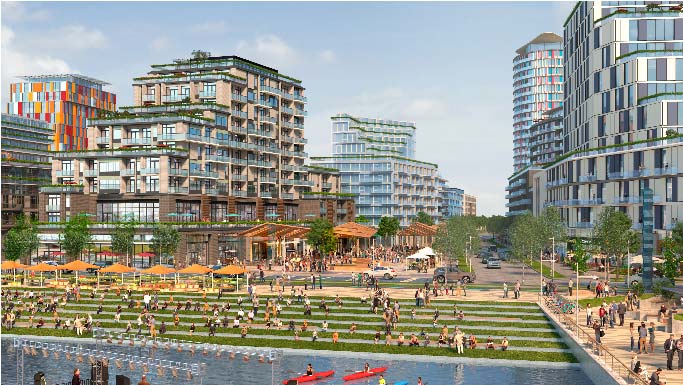 Rendering of pedestrian mews connecting homes to the waterfront