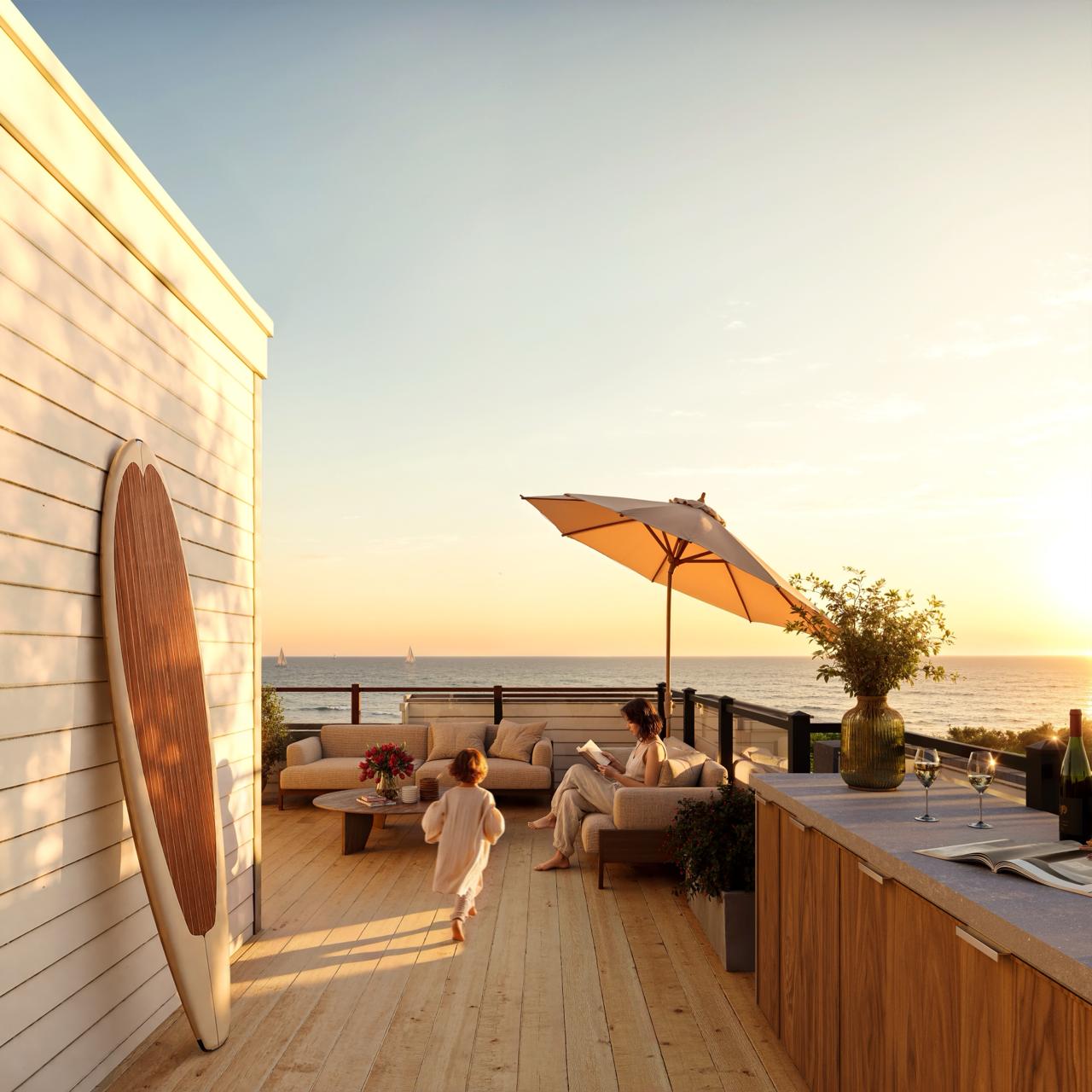Family relaxing on a rooftop terrace at sunset overlooking the lake
