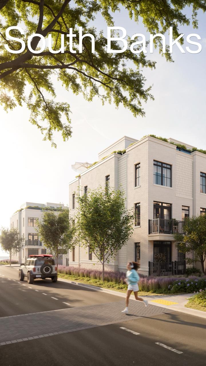 Rendering of South Banks townhomes along a tree-lined street
